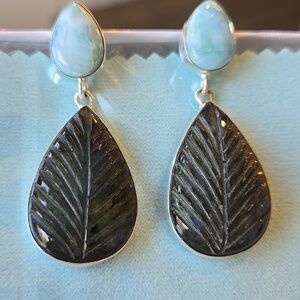 Hand Carved Labradorite & Larimar Solid 925 Sterling Silver Earrings